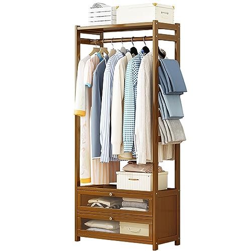 Perchero de bambú con 4 estantes y barra para colgar, organizador de armario abierto para dormitorio y sala de estar, elegante solución de almacenamiento para ropa y accesorios