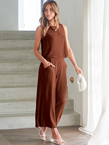 Image of ANRABESS Women's Summer 2 Piece Outfits Sleeveless Tank Crop Button Back Top Cropped Wide Leg Pants Set Pockets