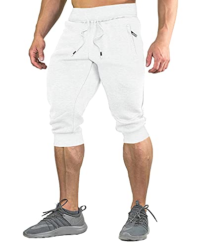 Faskunoie Men's Athletic Shorts Summer 3/4 Length Cotton Workout Jogger Shorts With Zipper Pockets White #TOP10