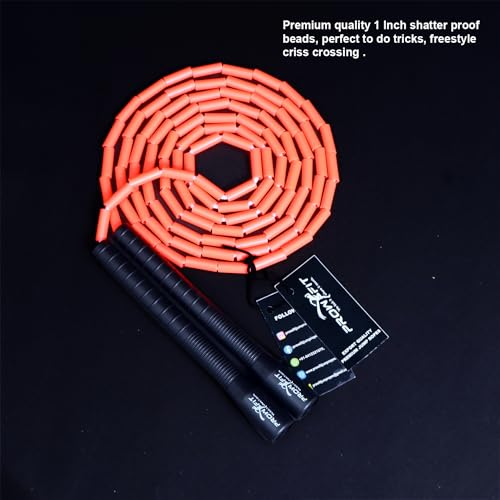 Image of Freestyle Unbreakable Long Handle Soft Shatterproof Beads 1Inch Beaded Jump Rope, Skipping Rope Adult. (10 Ft) (Orange- Black handle)