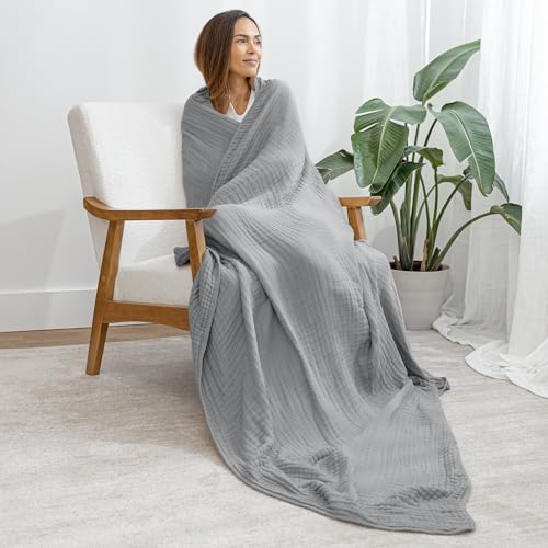 Image of Comfy Cubs Muslin Blanket for Adults Twin 90 inch x 66 inch - 6 Layer Soft, Breathable & Lightweight Muslin Adult Blanket - Machine Washable & Designed in The US Bedding for All Seasons - Heather Blue