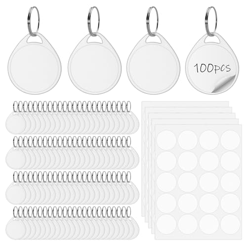 100 Pcs Rack Key Tags with Label 1.5 Inch Reusable Round Plastic Tags with Blank Paper Stickers and Split Rings, Item Identifiers for Home,Office and Rental Management Use (White)
