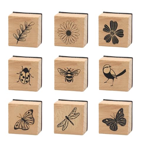 9 Pieces Wood Rubber Stamps for Crafting Vintage Wooden Rubber Stamp Set for Scrapbooking Ink Butterfly Bird Flower Decorative Stamp Set for DIY Art Journal Diary Card Making (1 Style)