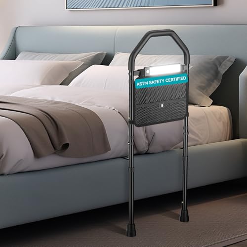 FORTEMOTUS Bed Rails for Elderly Adults Safety, ASTM Side Assist Rail Seniors with Heavy Duty Grab Bar Handrails, Adjustable Legs, Motion Light, Storage Pocket, Fit Queen, Twin, King, Queen, Full