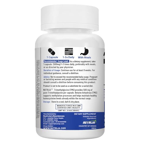Image of NutriJa Trimethylglycine TMG 500mg | Betaine Anhydrous Supplement | 60 Veg Capsules | Supports Methylation & Healthy Homocysteine Metabolism