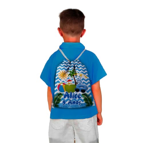 Mochilinha Bag Infantil Personalizado com Nome e Idade Pool Party Azul Festa na Piscina (Mochilinhas 20x30, Unidades, 5)