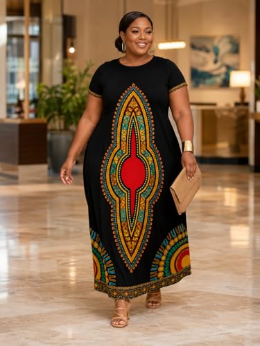 Image of Plus Size Maxi Dress for Women Short Sleeve V Neck Casual Loose Sundress with Pockets