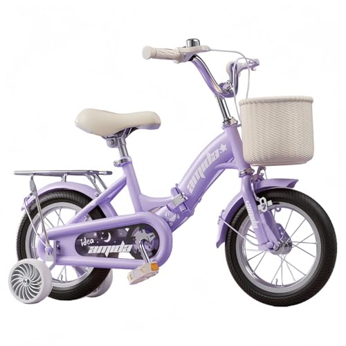 VZX 子供用自転車、幼児用自転車、補助輪とバスケット付き子供用、折りたたみ式、高さ調節可能、組み立て簡単、男の子、女の子、子供、小学生、誕生日プレゼントに最適 (【パープル】静音ホイール+後座付き,14 インチ)