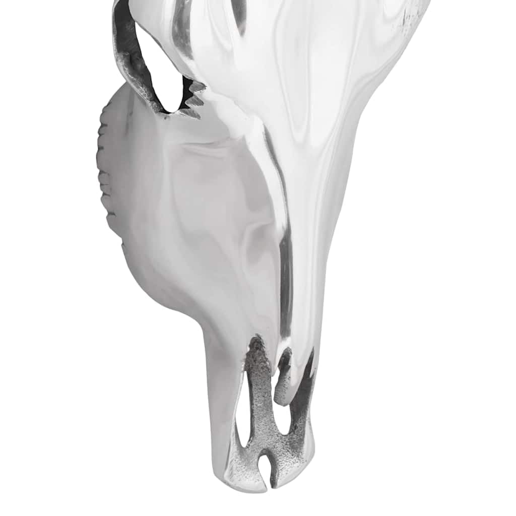 Bullen Schädel Skulptur Figur aus Aluminium, silberfarbenes Hochglanz Finish, 34 x 13 x 53 cm, 1 Stück, wandmontierte Deko für Wohnzimmer Büro Eingang Ambiente