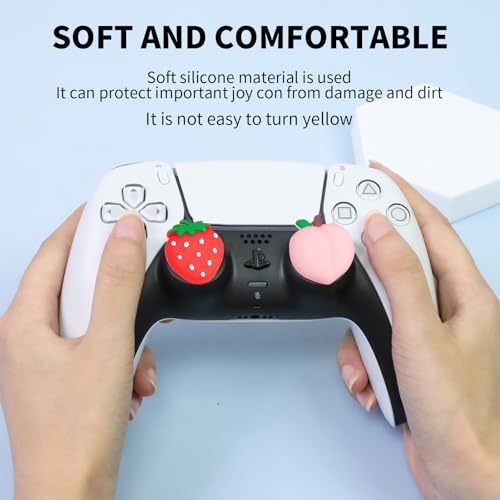 Image of PERFECTSIGHT Cute Peach Strawberry Thumb Grip Caps for Switch 2, PS5, PS4, Xbox Series X /S, Xbox One, Switch PRO Controller, 4PCS Kawaii Soft Rubber 3D Analog Thumbsticks Grips Joystick Cover