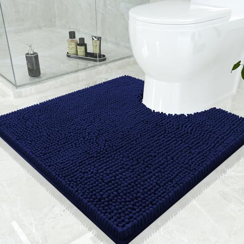 Smiry Luxury Chenille Toilet Rugs U-Shaped 24x24, Soft Absorbent Non-Slip Contour Bathroom Rugs for Toilet, Machine Washable Contoured Bath Mats, Navy Blue