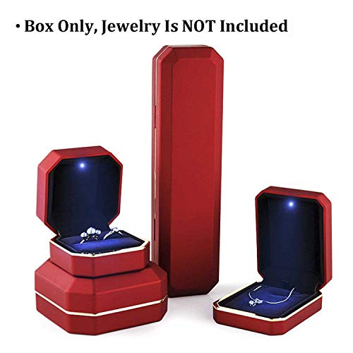 Image of Luxury Ring Box, Square Velvet Wedding Ring Case Jewelry Gift Box with LED Light for Proposal Engagement Wedding, Red