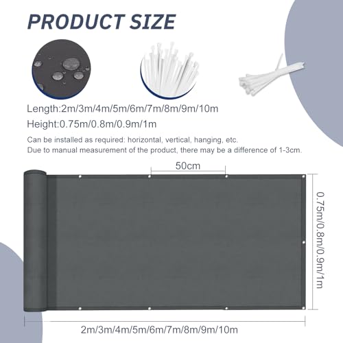 HENG FENG Balcony Privacy Screen 0.8x3m, 160g/㎡ PES Waterproof Fence Screen, 95% UV Protection for Deck, Patio, Backyard, Outdoor Pool, Porch, Railing, Anthracite - Image 7