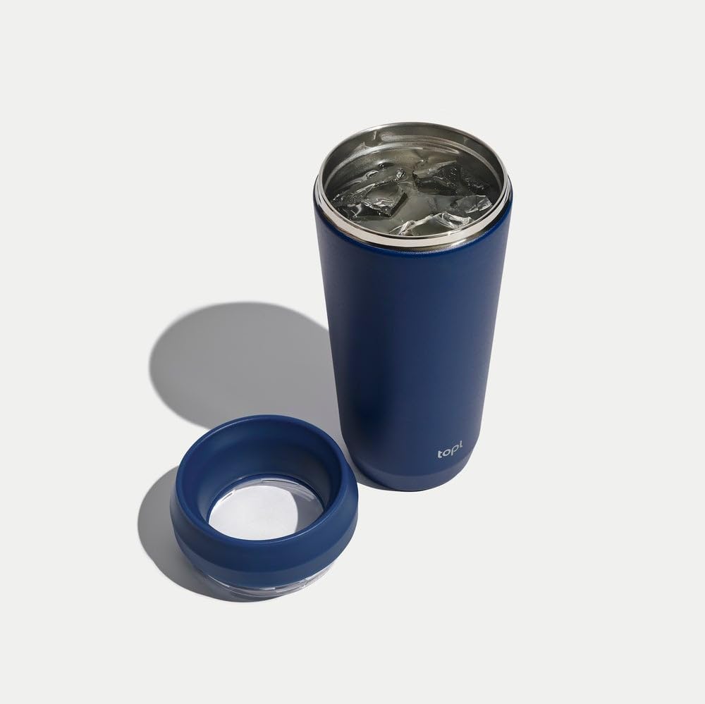 TOPL To Go Coffee Cup – Tasse à café de voyage isotherme avec couvercle anti-fuite à 360° en acier inoxydable pour chaud et froid, résistant aux déversements, sans BPA, bleu marine, 473,2 ml