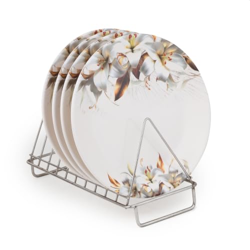 Image of Golden Fish Melamine Round Dinner Plate Set of 4 | Grey Floral Print | Unbreakable, Dishwasher & Microwave Safe