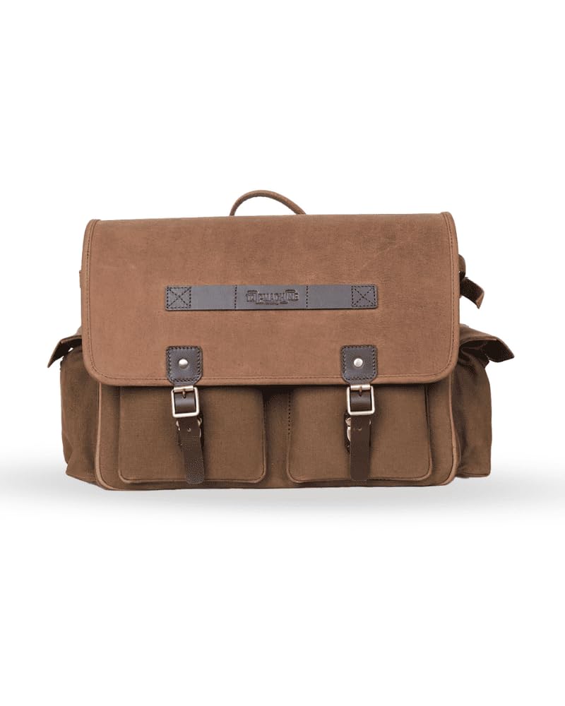 Trip Machine Company Heavy-Duty Canvas & Leather Expedition Motorcycle Saddle Bag/Travel Bag with Saddle Stays & Rain Cover 25L Each (RE Classic 650, Brown & Tobacco, Left Side)-image-17
