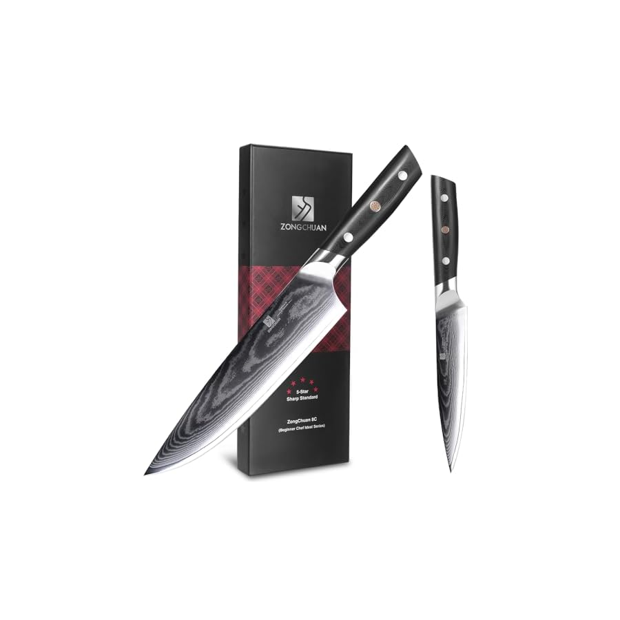 ZongChuan 8C Damascus Kitchen Knife Set 2pc,8" Chef Knife and 5.5" Utility Knife,High Carbon Stainless Steel,5-Star Sharp Standard,Black Ergonomic G10 Handle,Love's Gift Box