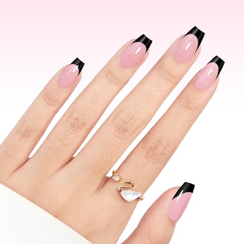 CHRISTINE SHELLY French Gel Nail Tips 240Pcs French Tip Press on Nails Pink Medium Coffin 4 in 1 Pre-applied Tip Primer & Base Coat No Need to File Fake Nails for Salon & DIY 15 Sizes Black - Image 7