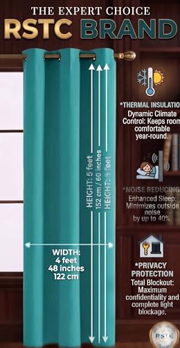 Image of 100% True Blackout Window Curtains 5 Feet, Set of 1 Panels | 300 GSM Heavy Room Darkening Polyester Cloth for Bedroom & Living Room | Thermal Insulated Heat & Noise Reducing (60x47 Inch, Aqua) | 100% Room Darkening Thermal Insulated Heat & Noise Reducing Curtains 5 feet long