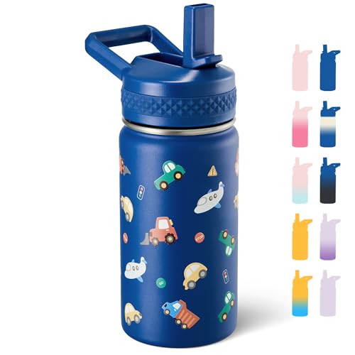 Fijinhom 12 oz Water Bottle Kids School, Insulated Water Bottle with Straw for School, 304 Stainless Steel Toddler Cup, for Boys Girls, Leakproof, BPA-Free，Toy Car