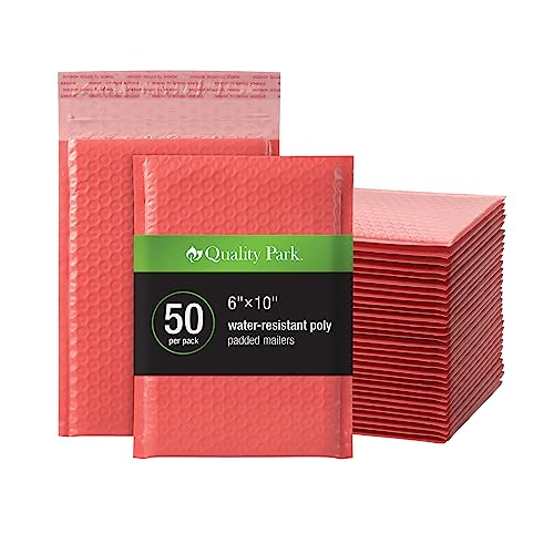 Image of Quality Park Bubble Mailers, 6 x 9 Shipping Envelopes, Water Resistant Coral Poly Padded Envelopes, Redi-Strip Peel Off Closure, 50 /Box (QUA85866)