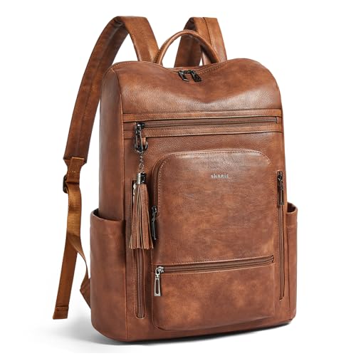 Shrrie Mochila grande de viaje mejorada con compartimento para portátil 17 pulgadas, mochila impermeable de cuero vegano para mujeres y hombres para trabajo, negocios y universidad, Bicolor Marrón