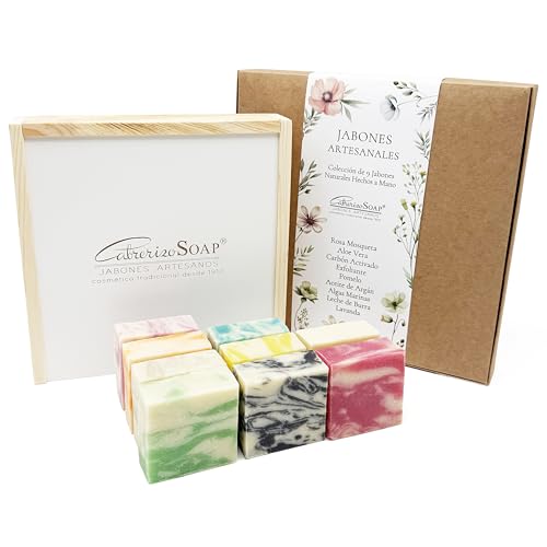 CABRERIZO SOAP 9 Jabones Artesanales para regalar - Caja de madera con Jabones Naturales Artesanos, Estuche jabones para regalar - Pastillas de Jabón Cara, cuerpo y manos - 9 x 80 gr. Proceso en frío