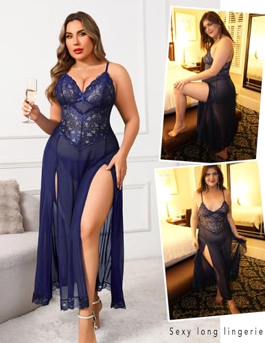 Image of Avidlove Plus Size Lingerie for Curvy Women Long Lace Babydoll Nightdress | V neck sheer mesh nightgown,g-string included,high side slits,adjustable straps,curve-flattering fit,maternity photoshoot