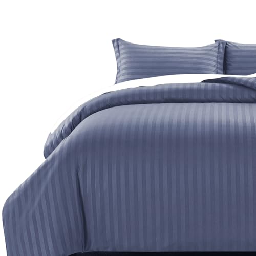 MOONLIGHT20015 Super King Duvet Set Reversible Stripes Satin Bedding Sets with 2 Pillowcases Soft Hypoallergenic Duvet Cover (Washed Blue 260x220)