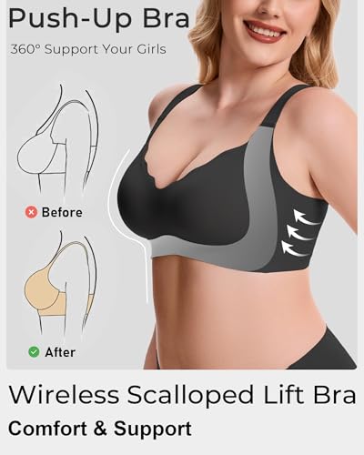 Image of Gailife Scalloped Lift Bras Women Soft Jelly Push Up Wireless Bra Supportive V Neck No Underwire Seamless Tshirt Bralettes