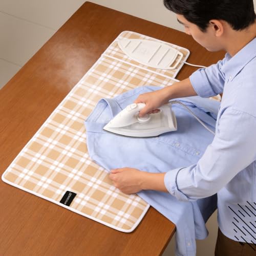 Image of Encasa XO Ironing Mat /Pad (Small 70x50 cm) with Padding, Anti-Slip, Silicone Iron Rest for Steam Press on Tabletop or Bed - Heat Resistant, Portable Travel Friendly - Franca Beige Checks