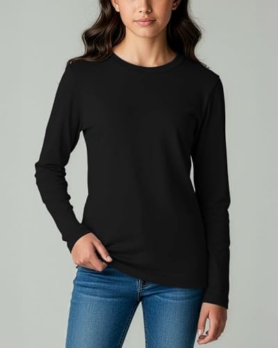 Image of Real Essentials 4 Pack: Girls' Cotton Long Sleeve Crew Neck T-Shirt - Athletic Tee Shirt for Teens Kids Youth (Ages 4-16)