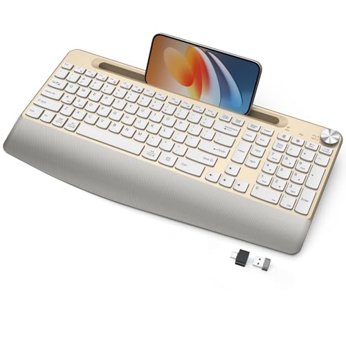 GAMCATZ Ergonomic Wireless Keyboard with Wrist Rest-Low-Profile Phone/Tablet Holder Quiet DesignWindows & Mac OSFull Size Cordless USB Computer Keyboard for Desktop Laptop PC Mac Windows-Gold
