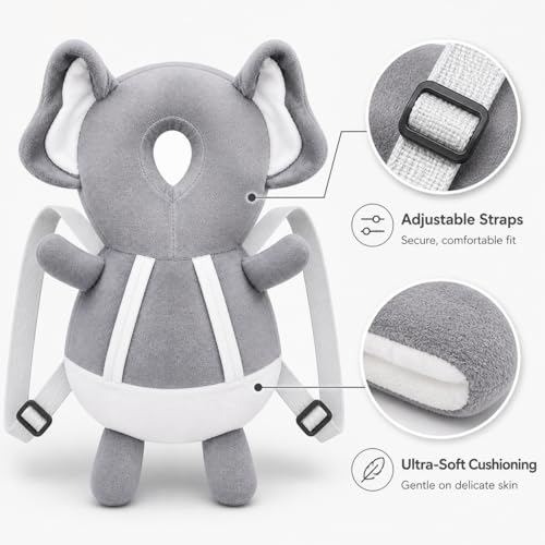 Image of GLUN Baby Head Protector Backpack, Pack of 1 Cute Elephant Soft Cushioning, Adjustable Shoulder Belt, Head Protection Back for 6-18 Month Toddler Kids