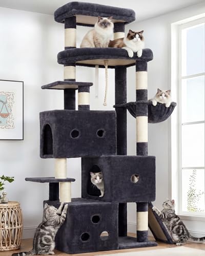 Image of Heybly Cat Tree, 74-Inch Streamlined Cat Tower for Large Cats HCT061G | Cat Furniture with 3-Tier Stacked Condos, Large Perch, Sturdy Base, Full Sisal Scratching Posts & Ramp, Smoky Gray