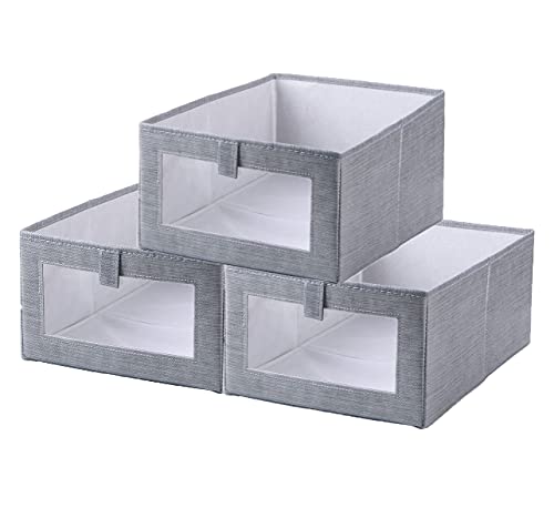 SOCOHOME Cajas de Almacenaje con ventana transparente, organizador de armario, caja de almacenamiento de tela, caja plegable, cesta de estante para armario, ropa, libros, juguetes (Gris, 3 Paquete)