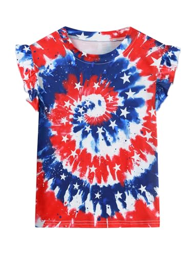 Image of Toddler Girls July 4th Shirts American Flag Ruffle Short Sleeve Patriotic Red White Blue Star Outfits Blouse Tops