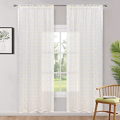 Image of MYSKY HOME Yellow Pom Pom Sheer Curtains for Girls Bedroom 72 Inch 2 Pieces | for Nursery & Kids Bedroom, Rod Pocket, for Closet, Semi-Transparent, White Sheer Window Drapes, Light Filtering, 50 x 72 In
