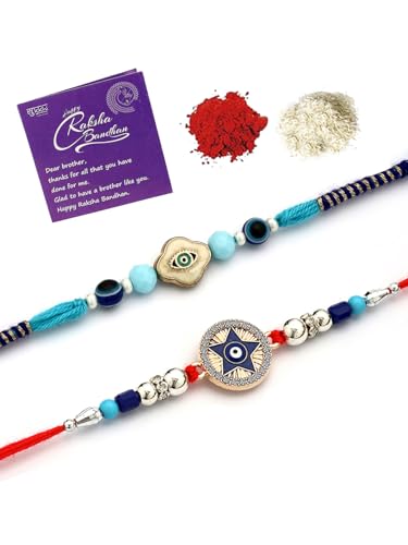 Image of Sukkhi Rakhi Trendy Floral Design Gold Plated AD Stones & Pearls Combo Rakhi for Brother with Roli Chawal & Greeting Card| Set of 2