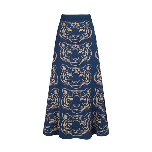 OXKnit Knittd Midi Skirts for Women Mod Style Casual Retro Tiger Pattern High Waist A Line Cotton Blue Skirts