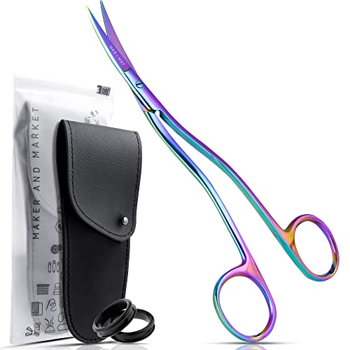 MAKER AND MARKET Applique Long Thin Needlepoint Blade 6.1 Inch - Double Bent Curved Offset Handle Scissors with Pouch Sleeve for Embroidery Fabric Thread Knitting Sewing Arts & Craft (Rainbow)