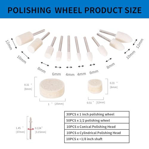Image of Polishing Buffing Wheel for Rotary Tool, 110PCS Wool Felt Wheel Accessories,Polishing Kit with 1 /8 inch Shank for Jewelry Metal Buffing Wheels Polishing