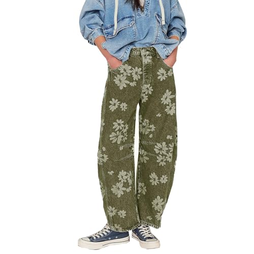 Mxiqqpltky Daisy Printed Barrel Jeans Women Y2k Distressed Wide Leg Boyfriend Denim Pants Casual Baggy Jeans 90s Streetwear