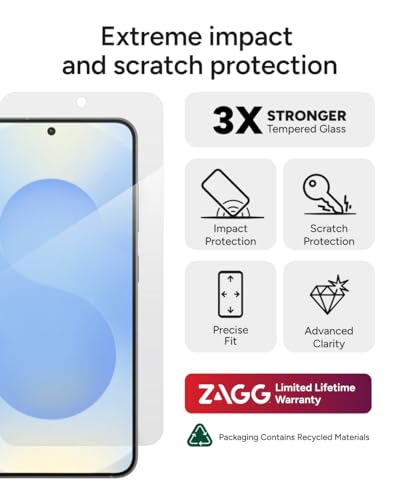 Image of ZAGG Glass+ Samsung Galaxy S25 / S24 Screen Protector - Extreme Impact & Shatter Protection, Scratch-Resistant, Smudge-Resistant, Fingerprint Scanner Compatible, InvisibleShield, Easy Installation
