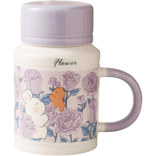 AKILERマグカップコーヒーカップうさぎくまふた付きマグカップティーカップミルクカップハンドル付きセラミックモリンカップティーカップ水筒ティーカップ冷たいやかんかわいいお守り子供用家庭用ゲスト用ビジネス用インテリア洋食器陶器磁器ギフト (パープル)
