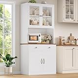 Keyluv 71' Tall Kitchen Pantry Storage Cabinet with Microwave Stand, Modern Kitchen Hutch with Countertop, Wood Coffee Buffet Hutch with Glass Doors, Drawer, Adjustable Shelves for Dining Room, White