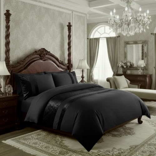 Casabella Luxury Crushed Velvet Panel Band Duvet Cover Sets with Pillow Case King Size Duvet cover Bedding Set – Black Crush Velvet King Duvet Cover Sets