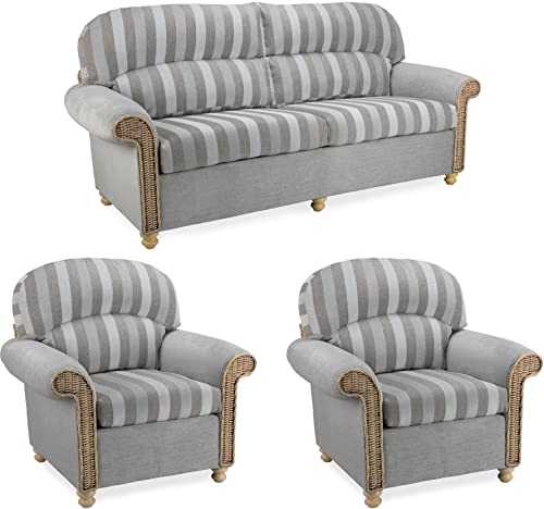 Image of Desser Samford Conservatory Furniture Set of 3 Seater Sofa & 2 Armchairs – Fully Assembled Luxury Indoor Real Cane Wicker Chair & Settee Suite with UK Made Grey Cushions – Aquaclean Duke Grey Stripe