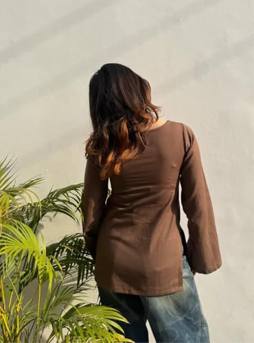 Image of ANNI Designer Short Kurti for Women Solid Design | V Neck Full Sleeve Kurti Tops for Women | Stylish Kurtis & Short Kurtis for Woman | Casual Kurti with Jeans | Kurtas for Woman