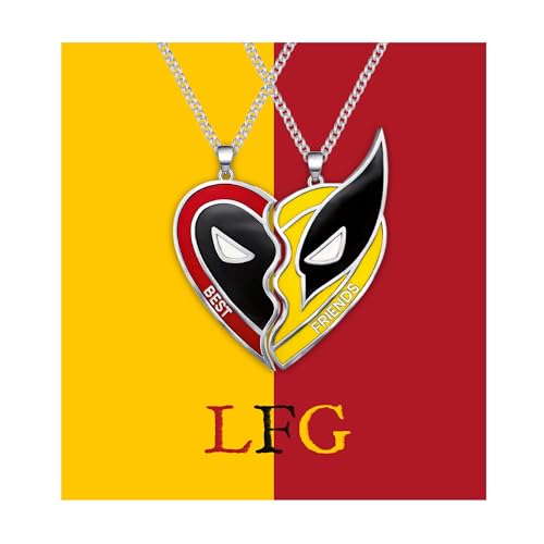 PEALICIOUS 2Pcs Deadpo and Wolvers Necklace Best Friend Necklace Half Heart Pendant Necklace for Women Men Stainless Steels Dead Heroes Cartoon Patterns as Friendship Jewelry Bff Couples or Fans Gifts